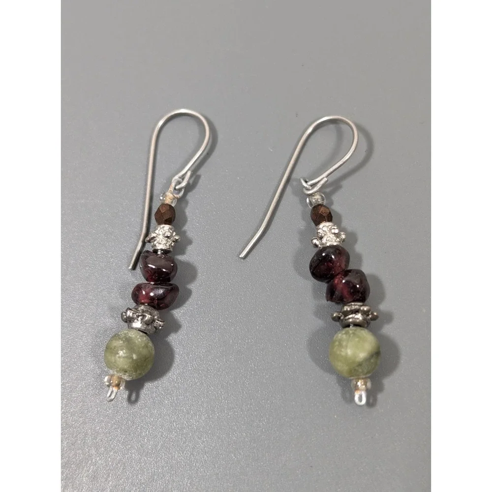 Green Aventurine Garnet Bead Dangle Earrings‎ Boho Gemstone Drop